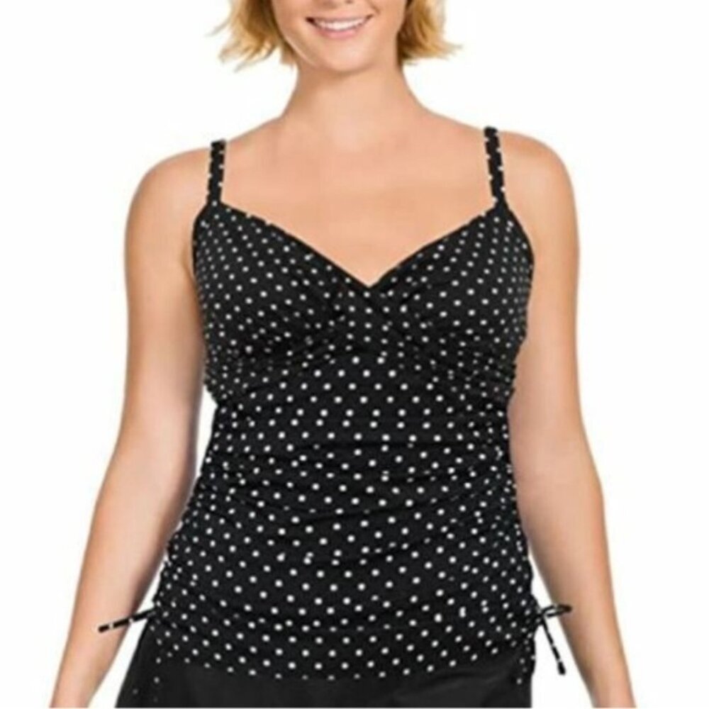 MIRACLESUIT Kirk Polka Dot Faux Wrap Tankini Swim Ruched Ties Tummy Control 14